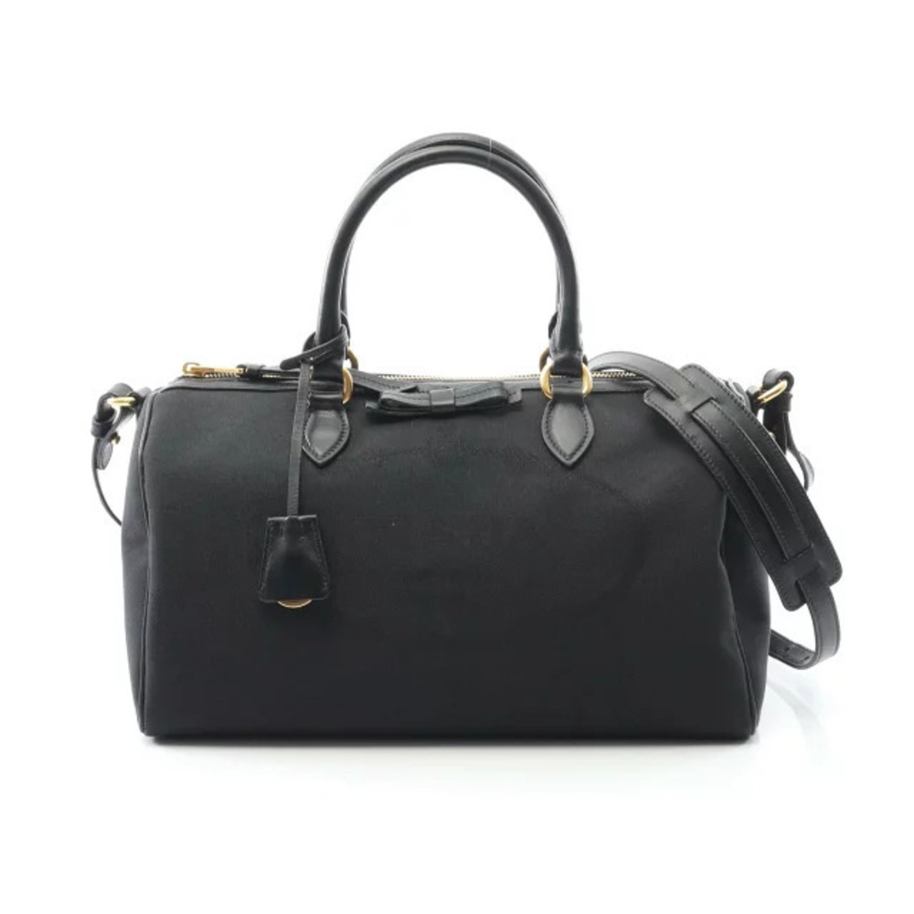 Prada JACQUARD Handbag Canvas Leather Black